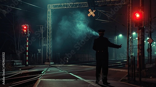 Railway conductor directing an oncoming train on tracks at a railroad crossing in a rural area. Rear view of a conductor signaling with his hand towards the approaching train. Generative by AI