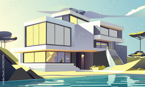 Vector graphics. A southern landscape with a modern cottage on the ocean