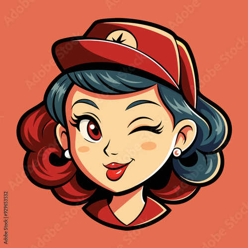 retro. girl. head only. winking. facing side. wearing a baseball hat. 