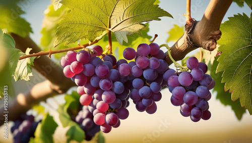 image of fresh grapes, on green leaves stock