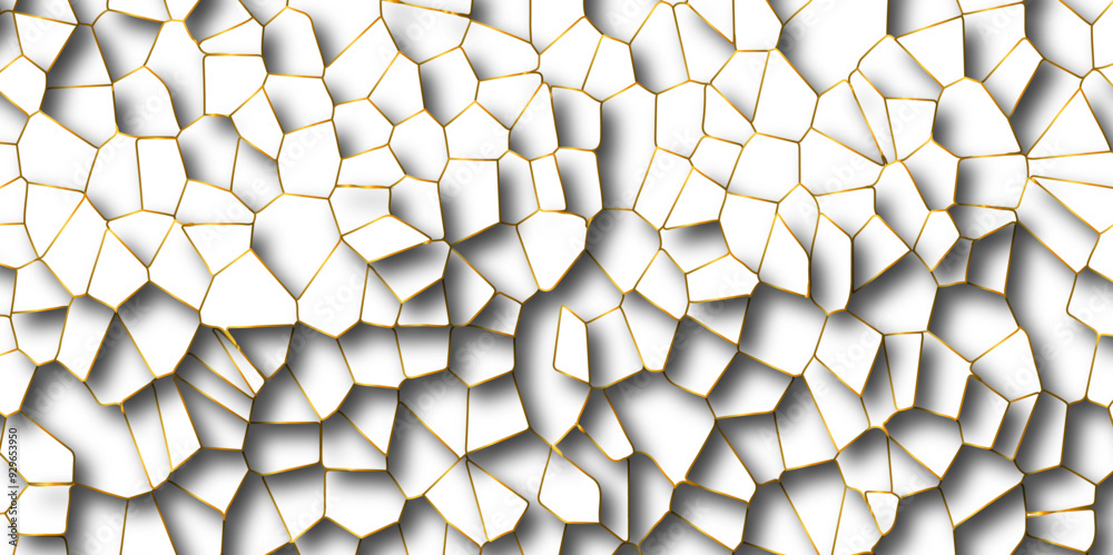 Abstract white paper cut shadows background realistic crumpled decoration textured with multi layers.Broken tiles mosaic seamless pattern.white gravel with golden line wallpaper. vector illustration. Abstract white paper cut shadows background realistic crumpled decoration textured with multi layers.Broken tiles mosaic seamless pattern.white gravel with golden line wallpaper. vector illustration.