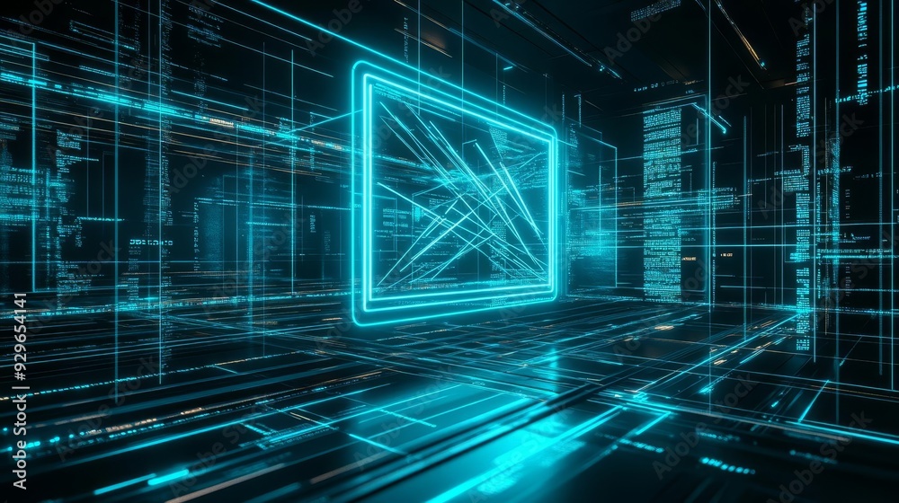 Obraz premium Browser windows merging, neon cyber lines connecting, electric blue tones, 3D illustration