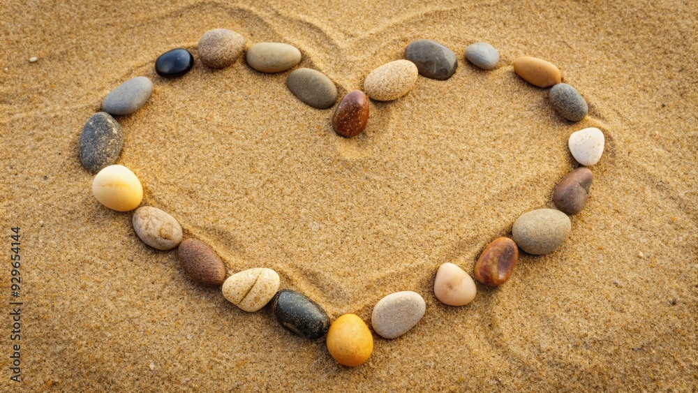 Heart shaped pebbles arranged in a circle on sand, love, romance, nature, beach, rocks, symbols, affection, Valentine's Day Heart shaped pebbles arranged in a circle on sand, love, romance, nature, beach, rocks, symbols, affection, Valentine's Day