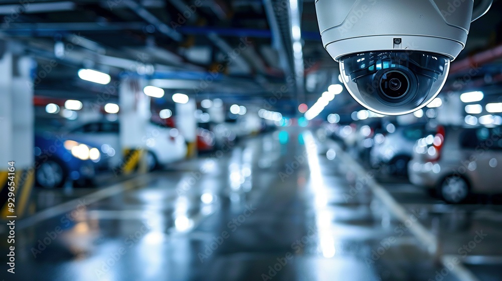 High-tech surveillance camera in parking lot High-tech surveillance camera in parking lot