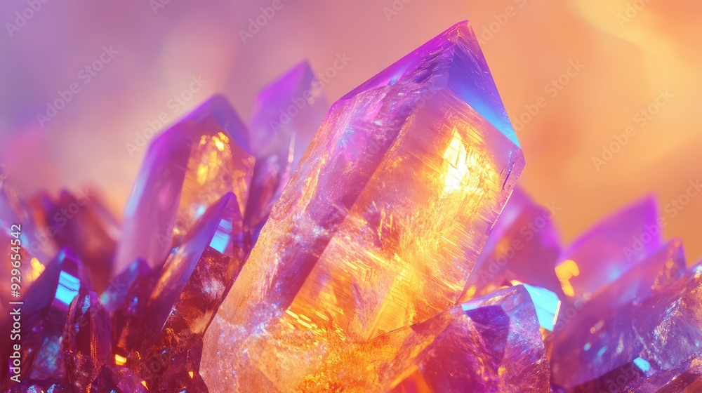 A close-up of a large, luminous aurora quartz crystal with vibrant hues and intricate details, against a softly glowing background. A close-up of a large, luminous aurora quartz crystal with vibrant hues and intricate details, against a softly glowing background.