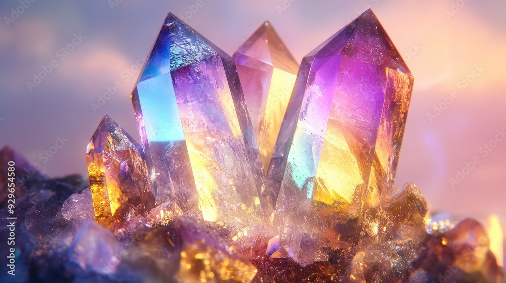 A close-up of a large, luminous aurora quartz crystal with vibrant hues and intricate details, against a softly glowing background.