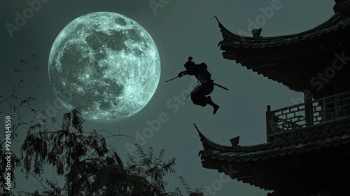 Ninja leaping across rooftops with a full moon in the background. A silhouette against a night sky. Generative by AI photo