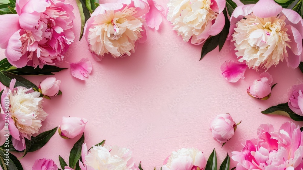 Peony blooms arranged in a circular pattern on a light pink surface, forming a visually appealing frame with negative space in the center. Peony blooms arranged in a circular pattern on a light pink surface, forming a visually appealing frame with negative space in the center.
