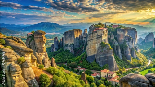 Panoramic watercolor of the stunning view at Meteora, Kalambaka, Greece, Meteora, Kalambaka, Greece, panoramic view