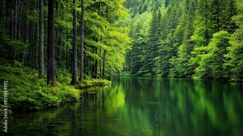 A serene forest landscape with a calm, reflective lake surrounded by lush greenery.
