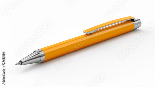 A yellow pen with a silver tip sits on a white background