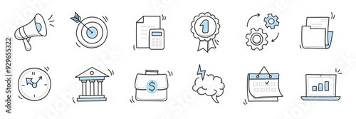 Hand drawn doodle business, money icon set. Finance, money, marketing sketch drawn cute trendy line doodle icon. Business bank, finance calculator, economic goal elements. Vector illustration