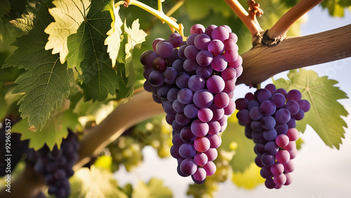 image of fresh grapes, on green leaves stock
