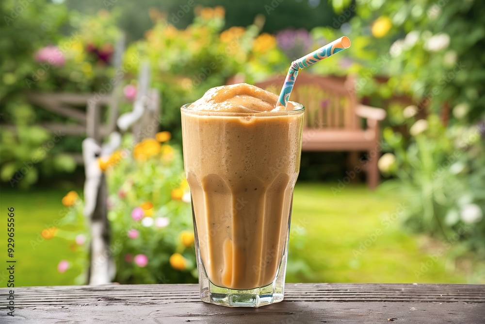 Glass of Orange Smoothie on garden background Glass of Orange Smoothie on garden background