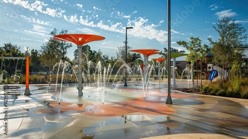 Fototapeta Naklejka Na Ścianę i Meble -  Water play area with fountains spraying water in a public park. Colorful playground equipment in the background. Recreation and leisure space for children and families. Generative by AI