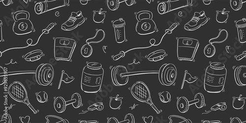 Doodle gym sketch health seamless pattern background. Hand drawn sketch doodle healthy sport, gym fit exercise equipment background. Seamless sport chalkboard pattern. Vector illustration