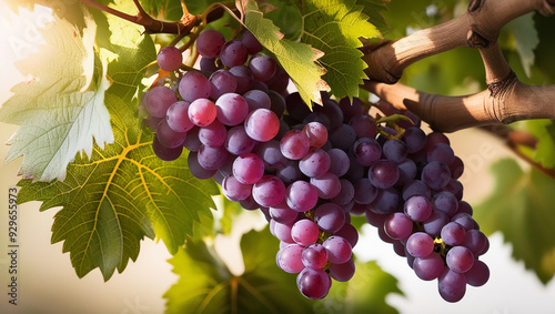 image of fresh grapes, on green leaves stock