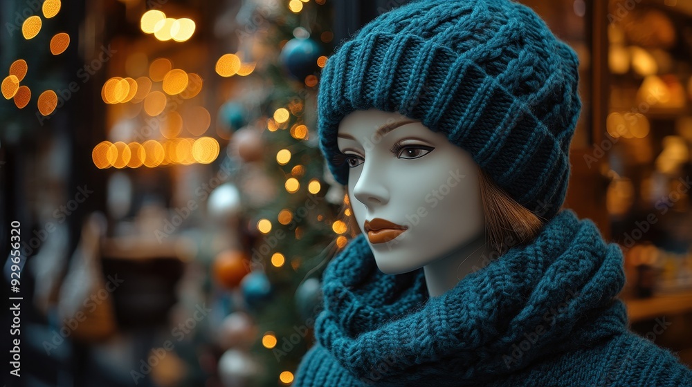 Mannequin Wearing Green Knitted Hat in Store with Blurred Bokeh Background Mannequin Wearing Green Knitted Hat in Store with Blurred Bokeh Background