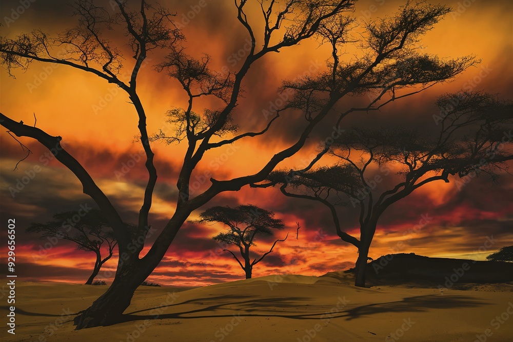 Silhouette of Acacia Trees at a dramatic sunset Silhouette of Acacia Trees at a dramatic sunset