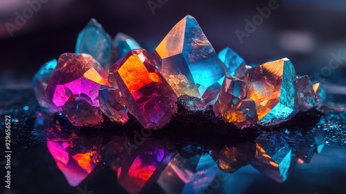 A close-up of a cluster of prismatic stones with their vibrant colors reflected on a dark, glossy surface.