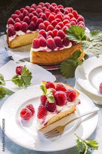 Sponge cake with cream cheese and raspberry