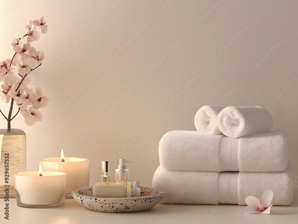 An elegant and serene luxury spa environment featuring soft towels candles and beautifully arranged skincare and beauty products An elegant and serene luxury spa environment featuring soft towels candles and beautifully arranged skincare and beauty products