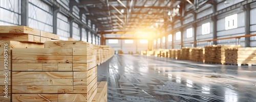 Stacked Wooden Planks in a Warehouse with Sunlight Streaming Through Windows photo