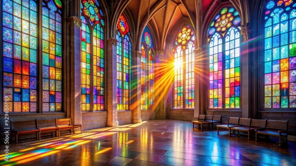 Sun rays shining through colorful stained glass windows in a church , church, stained glass, sunlight, rays