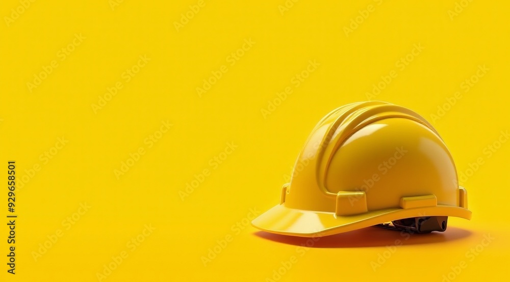 Vibrant yellow safety hard hat, labor day banner concept, ideal for construction, workplace safety imagery, educational materials, copy space available. Vibrant yellow safety hard hat, labor day banner concept, ideal for construction, workplace safety imagery, educational materials, copy space available.