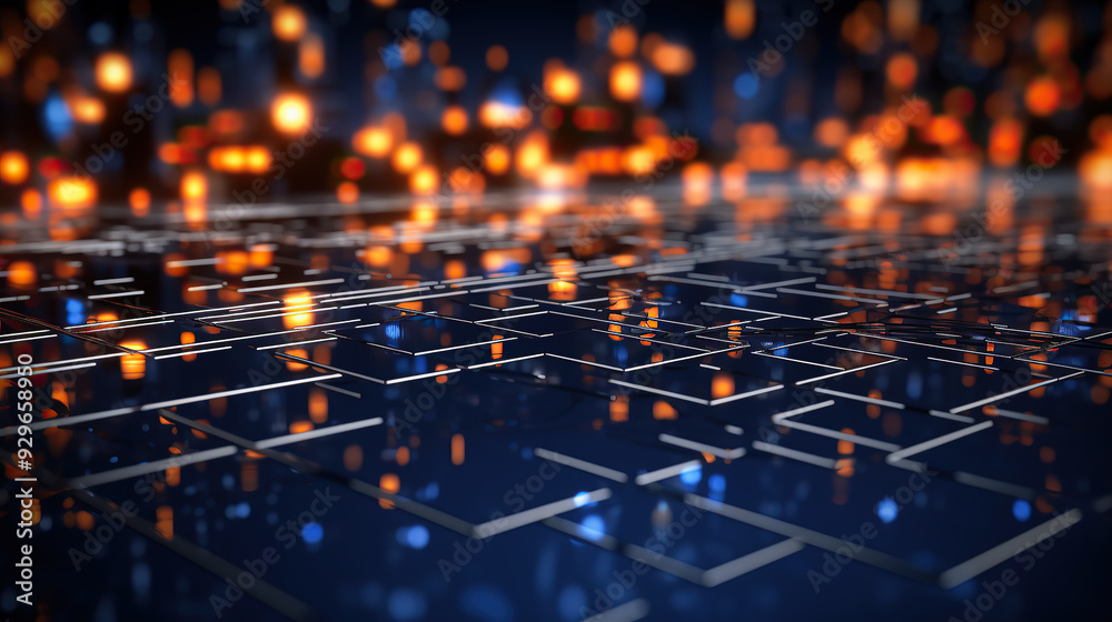 Fototapeta premium generated illustration of technology background of a quantum computing system with a cyber network grid and connected particles