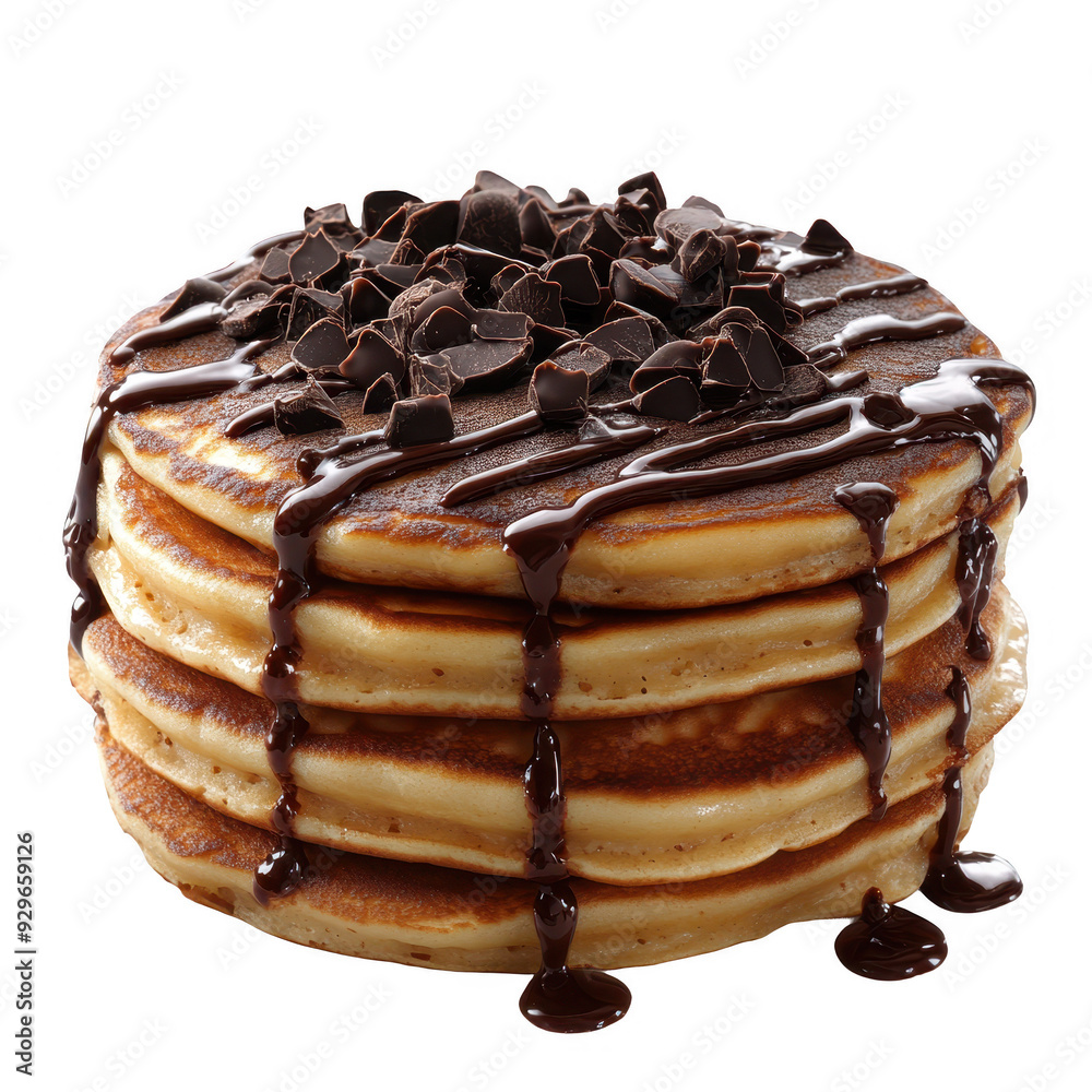 Artistic stack of pancakes with chocolate drizzle, isolated on white background Artistic stack of pancakes with chocolate drizzle, isolated on white background