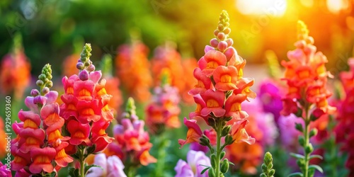 Vibrant orange and pink Snapdragons in full bloom, radiating warmth and cheerfulness , flowers, snapdragons, vibrant, orange, pink