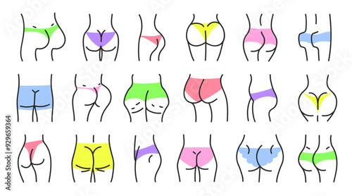 Hand drawn female and male butts set. Male and female buttocks in underwear, vector illustration isolated on white.