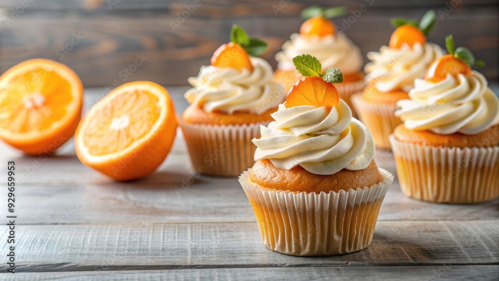 Orange fruit cupcakes topped with creamy frosting, orange, fruit, cupcakes, cream, dessert, sweet, baked, delicious, homemade, pastry Orange fruit cupcakes topped with creamy frosting, orange, fruit, cupcakes, cream, dessert, sweet, baked, delicious, homemade, pastry