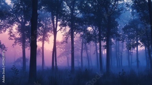 A serene forest scene at dusk with mist and soft colors.