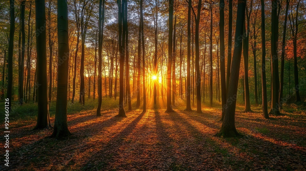 Fototapeta premium A serene forest scene at sunset, highlighting warm light filtering through trees.