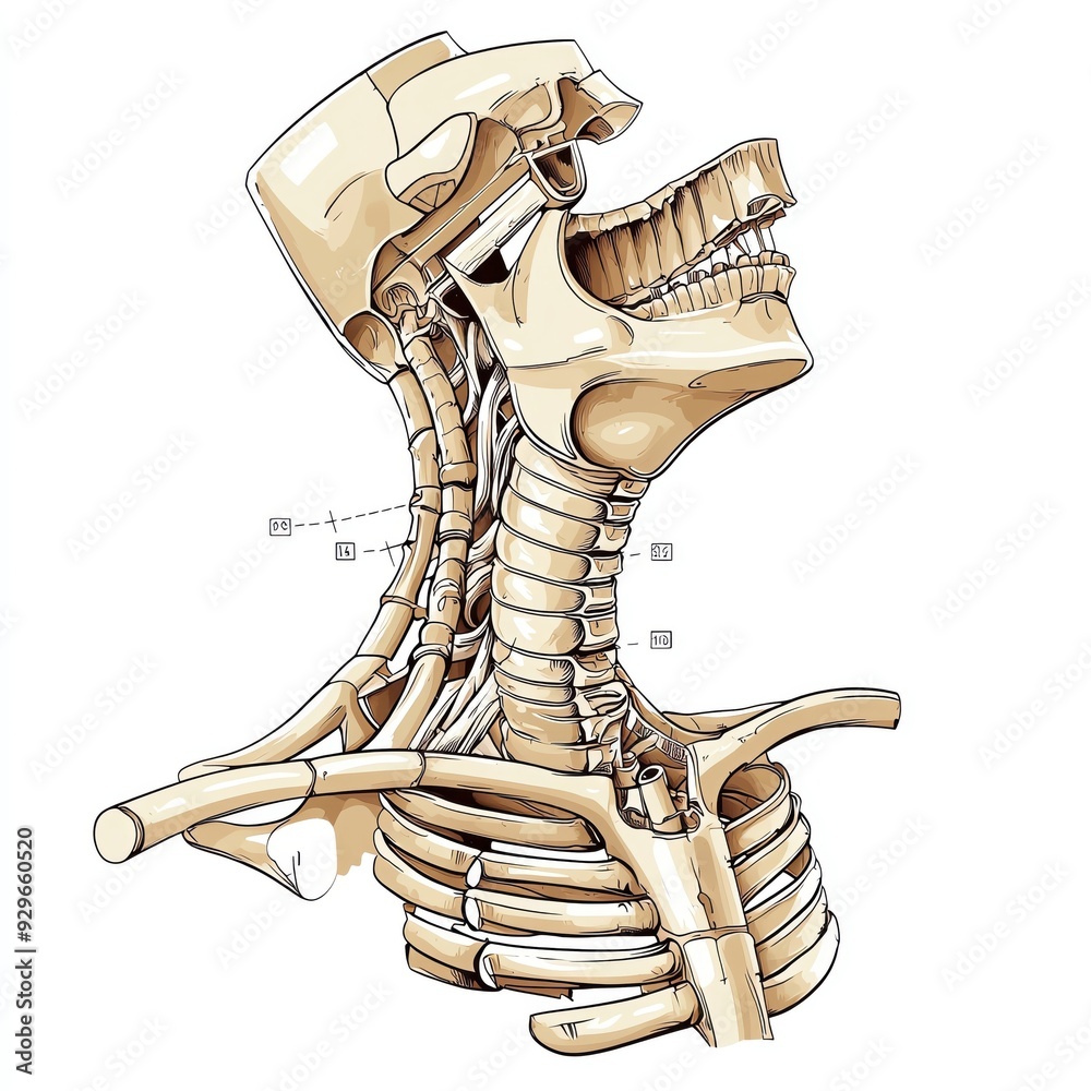 Detailed anatomical illustration of the human neck showcasing bones and vertebrae structure for educational purposes.