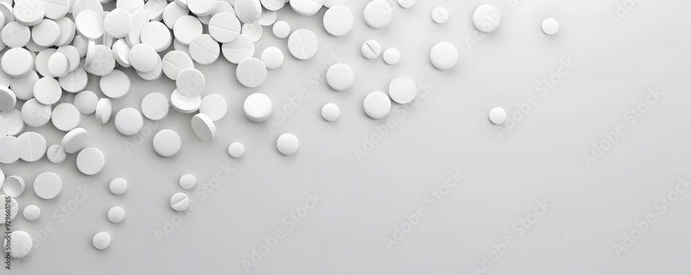 White Round Pills Scattered on a White Surface White Round Pills Scattered on a White Surface