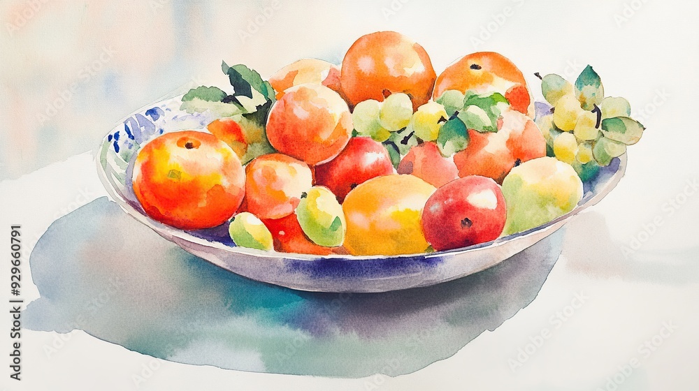 Watercolor painting of a bowl filled with various fruits, including oranges, apples, and grapes. Watercolor painting of a bowl filled with various fruits, including oranges, apples, and grapes.
