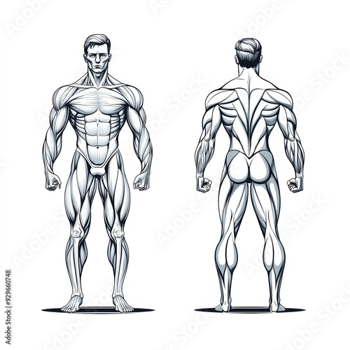 Anatomical illustration showcasing human muscles from front and back views, perfect for educational and fitness resources.