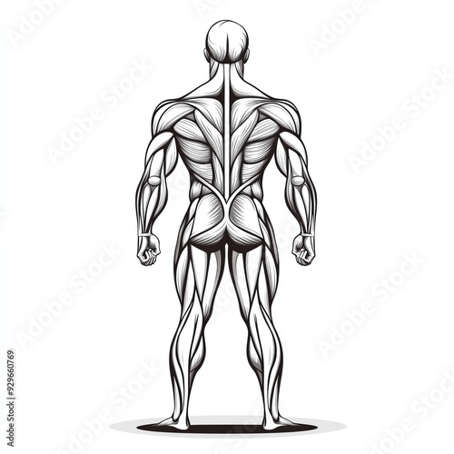 Illustration of human anatomy showing the muscular system from the back view, highlighting detailed muscular structures.