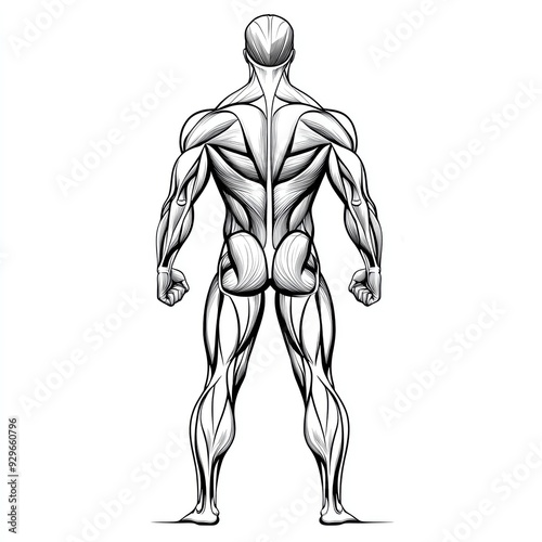 A detailed illustration of human anatomy showcasing muscular definition from a back view, highlighting strength and structure.