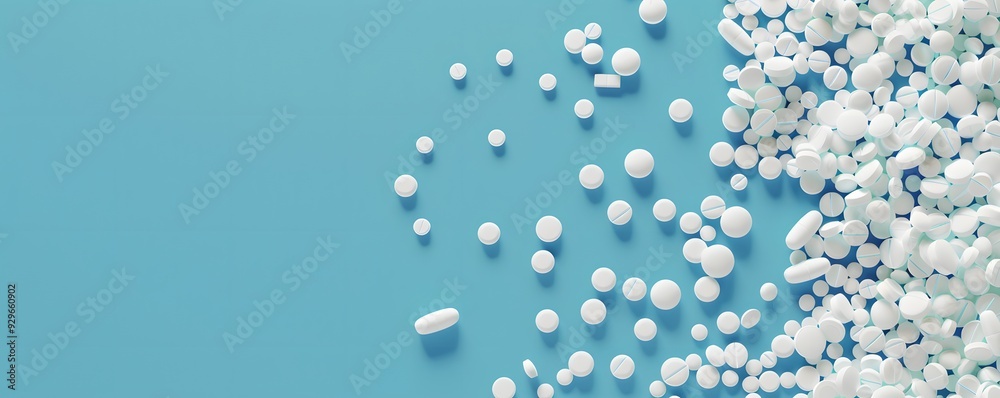 White Pills Scattered on a Blue Background White Pills Scattered on a Blue Background