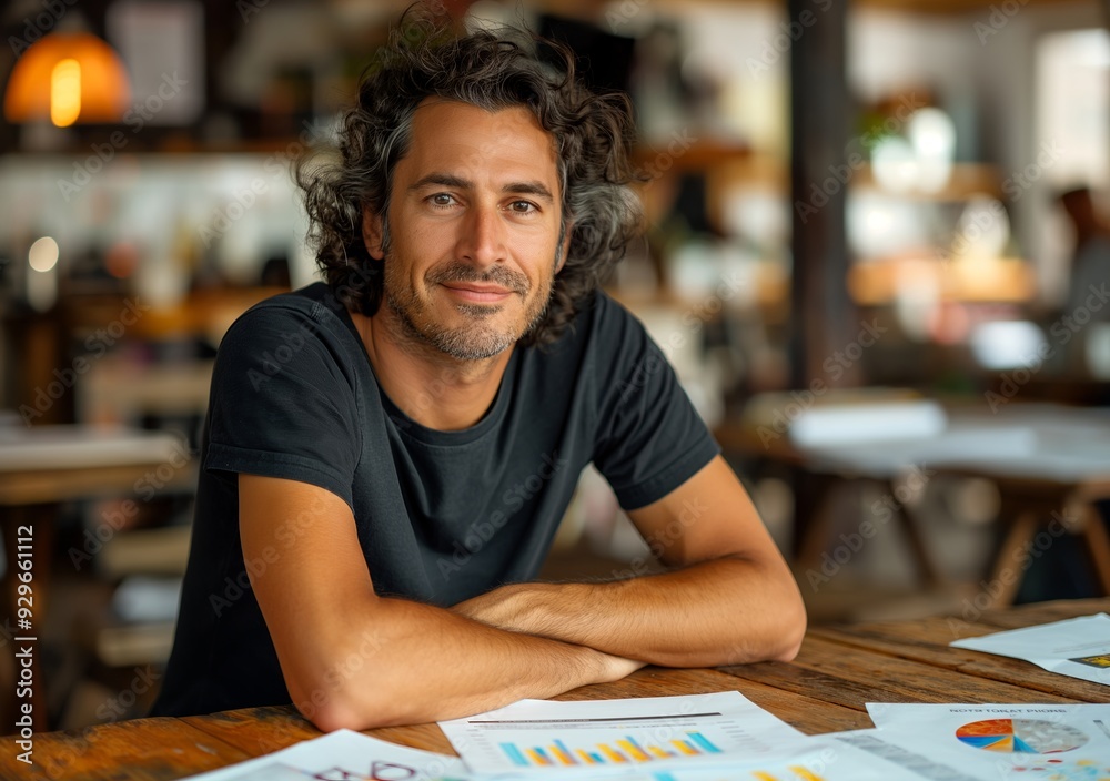 Fototapeta premium Attractive confident entrepreneur in his creative workspace, sitting at a table with graphs and diagrams on paper laying across it.