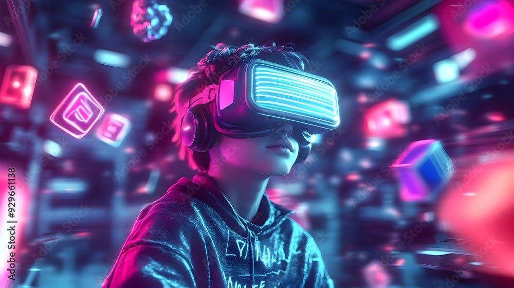 Woman in VR Headset, Neon Lights, Futuristic Metaverse Woman in VR Headset, Neon Lights, Futuristic Metaverse