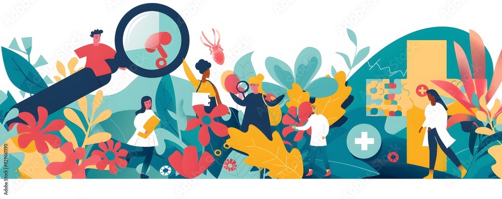 Obraz premium People Examining a Magnified Organism with a Magnifying Glass