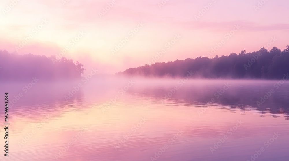 Misty Morning Sunrise Over a Serene Lake Misty Morning Sunrise Over a Serene Lake