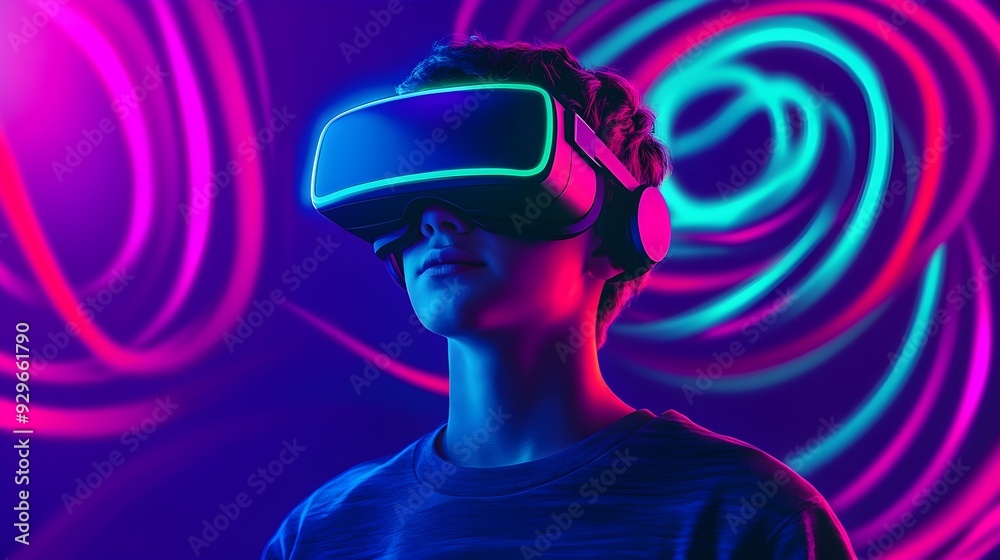 Young Man Immersed in Virtual Reality with Neon Lights Young Man Immersed in Virtual Reality with Neon Lights