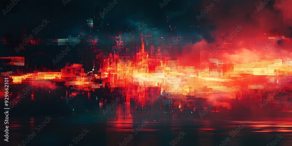 Obraz premium Abstract Digital Cityscape Background with Red and Yellow Lights