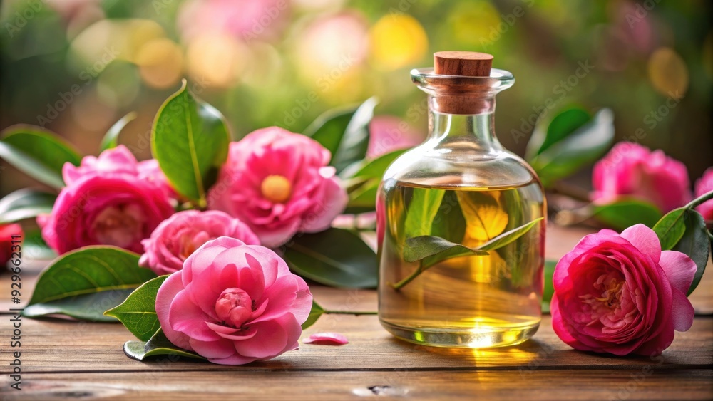 Camellia flowers with camellia oil bottle , beauty, skincare, natural, organic, elegant, blooming, floral, botanical Camellia flowers with camellia oil bottle , beauty, skincare, natural, organic, elegant, blooming, floral, botanical